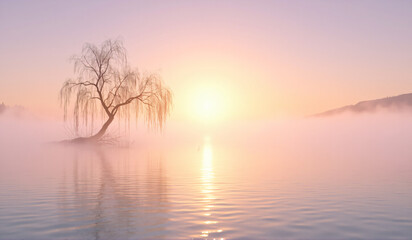 A lone tree in the middle of a foggy lake.