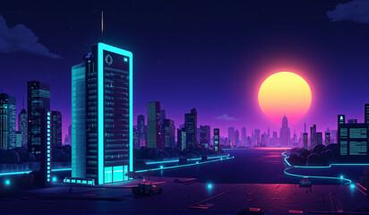 A futuristic city at night with a full moon in the background.