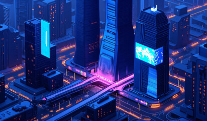 An aerial view of a city at night.