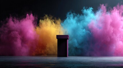 A dark purple podium stands before vibrant pink, orange, and blue smoke clouds on a concrete floor