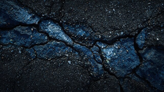 Detailed close up of aged cracked asphalt showing abstract textural patterns and weathered surface