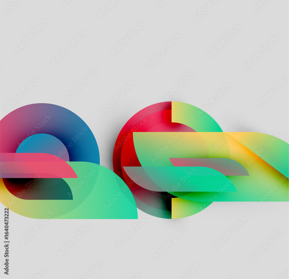 Poster abstract colorful shapes overlap, creating dynamic visual composition. gradients blend hues, suggest