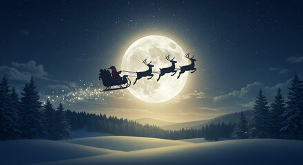 Santa Claus with reindeer Flying Across Full Moon Night Scene