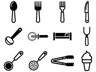 Set of black kitchen utensil and cutlery vector icon for cooking and dining.