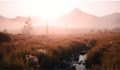 A stream running through a grassy field with mountains in the background.