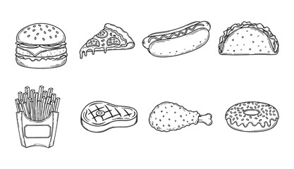 Delicious hand-drawn fast food illustrations perfect for menus and culinary designs