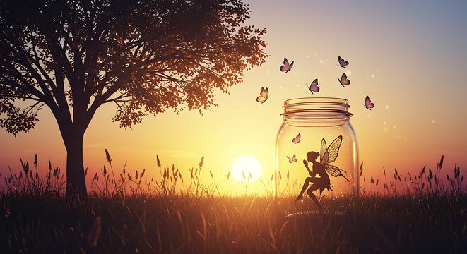 Enchanting fairy with butterfly wings sitting inside a glass jar at sunset