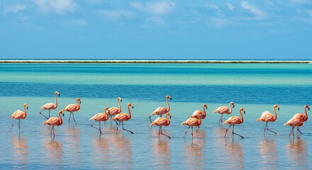Naklejka premium Group of Pink Flamingos Standing in Shallow Lagoon with Blue Sky and Calm Water