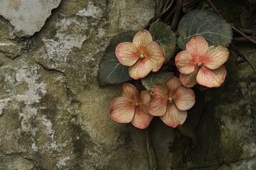 Delicate peach-colored flowers cling to a weathered stone wall