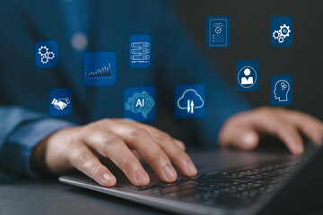 AI automation and API automation. Data transfer through system integration. Intelligent process automation technology solutions. Businessman using laptop computer for managing automation technology.