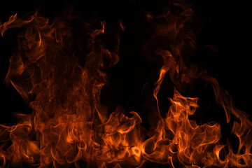 Fire blaze flames on black background. Fire burn flame isolated, abstract texture. Flaming explosion with burning effect. Fire wallpaper, abstract art pattern with copy space.