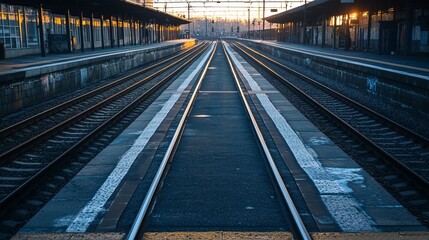 Empty train tracks stretching into the distance at a train station at sunset