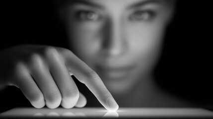 Woman engaging with digital content on tablet through touch screen interaction