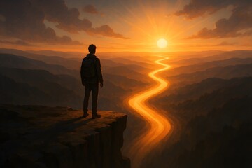 Fototapeta premium Atmospheric illustration of a lone traveler standing on a cliff, gazing at a winding glowing river under a dramatic sunset, symbolizing journey, hope, and new beginnings.