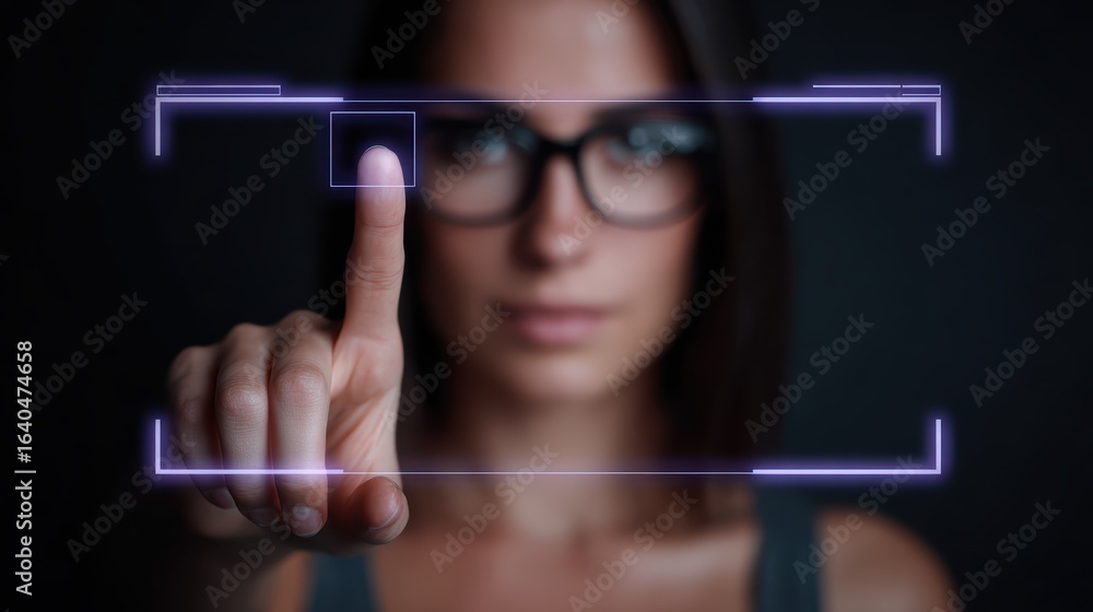 Aufkleber woman pointing at empty square frame, a minimalist concept for design and display