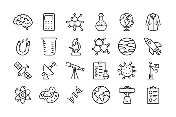 Science Vector Icon Set. Brain, molecule, flask, earth, magnet, satellite, microscope, rocket, virus, DNA, weather, and more. Editable stroke. Vector illustration.