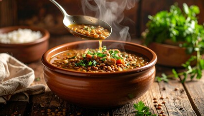 A spoonful of hot, steaming lentil soup is being lifted from a rustic brown bowl, garnished with fresh herbs.
