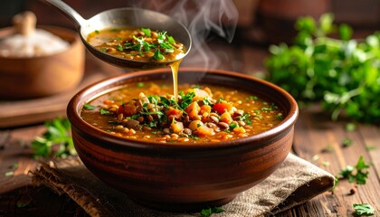 A warm, flavorful soup being ladled from a spoon into a rustic ceramic bowl, garnished with fresh herbs.