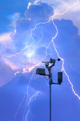 Weather station automatic measurement of weather parameters with Stormy sky and rain and lightning
