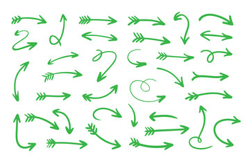 Green hand drawn arrow collection indicates direction with various styles on a transparent background