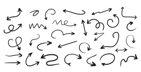Assorted collection of handdrawn black arrows point in different directions on transparent background