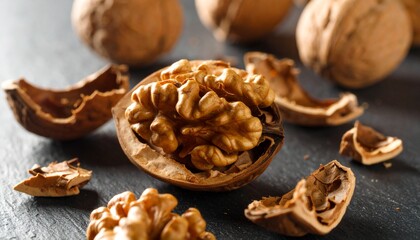 Fototapeta premium Close-up of walnuts, one cracked open revealing the edible kernel, with shells scattered.