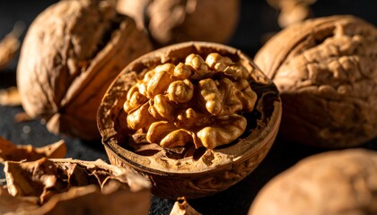 A close-up of a cracked open walnut revealing its edible kernel, with whole nuts and shell fragments nearby.