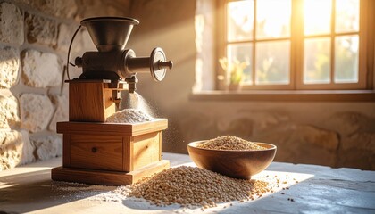 A vintage hand-crank grain mill on a rustic table with a bowl of wheat, illuminated by warm sunlight streaming through a window.