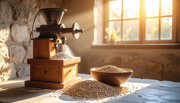 A vintage hand-crank grain mill on a rustic table with a bowl of wheat, illuminated by warm sunlight streaming through a window.
