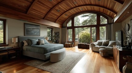 Eclectic interior design of modern bedroom with arched wooden ceiling.