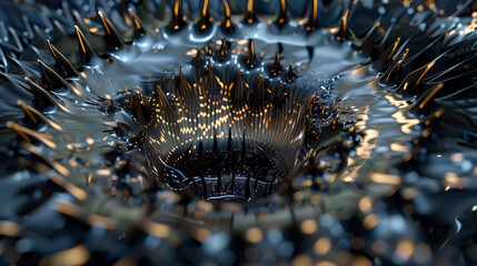 "Ferrofluid forming spike patterns under magnetic field 
