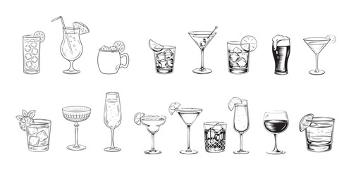 Several classic alcoholic drinks are displayed against a transparent background with sketched black and white style