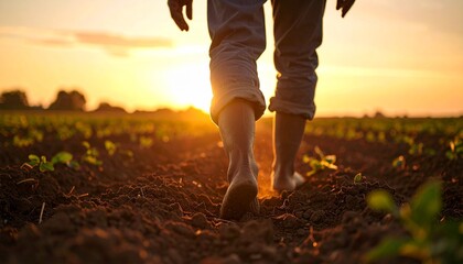 A farmer walks barefoot through a cultivated field of young seedlings during a golden sunset.