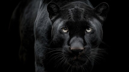 A majestic, close-up portrait of a sleek black feline, its intense gaze piercing the darkness