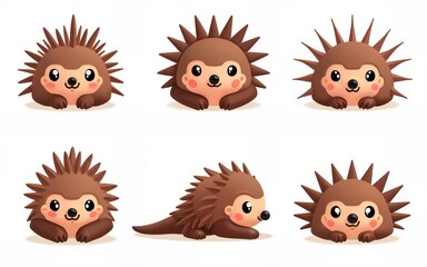 Set of cartoon echidnas. Different shapes of animal faces. High quality
