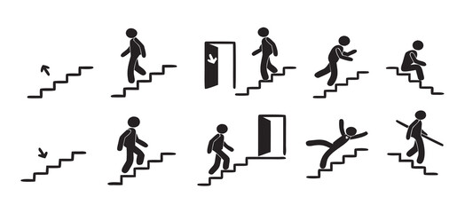 Bundle icon indoor safety stairs sign, arrow direction up and down, use handrail, injury hazard building label
