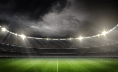 Dramatic Night Stadium with Illuminated Football Field and Stormy Sky, 3d rendering