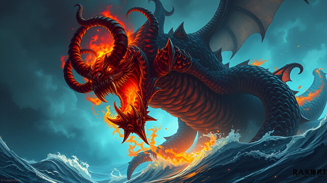 Epic ifrit kingkong throll Kraken War ocean fire, ai generative