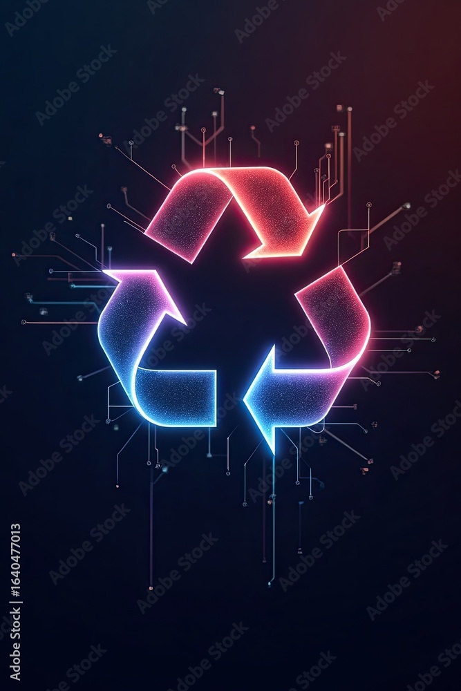 Poster a glowing recycle symbol with circuit board pattern.