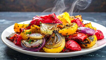 Plate of grilled vegetables steaming with red peppers, onions, and herbs on table