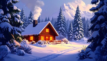 Fototapeta premium Cozy winter cabin nestled in snowy forest at dawn