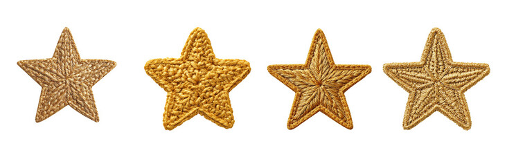 set of crochet Christmas Gold star patch isolated on transparent background