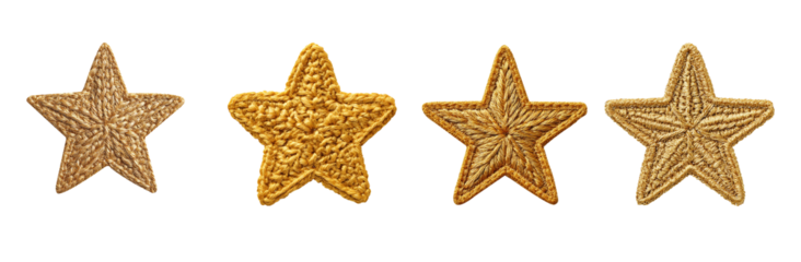 set of crochet Christmas Gold star patch isolated on transparent background