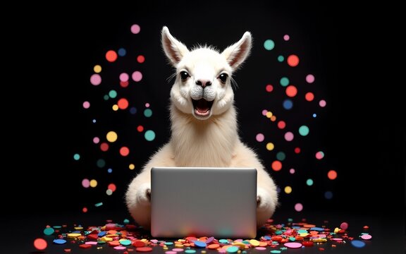 Lama with a banner, laptop. happy online shopping. colourful confetti popper falling on isolated black background. Holiday celebration concept. Sale. High quality