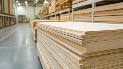 Fototapeta premium Close Up of Stacked Plywood Sheets in Hardware Store for Construction and Carpentry Concept