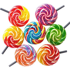 Colorful swirl lollipops close-up, sweet treat, studio shot, candy background, food photography