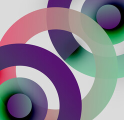 Obraz premium Abstract composition featuring overlapping circles, gradients. Colors include purple, green, pink, white. Modern design, simple shapes.