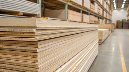Fototapeta premium Close Up of Stacked Plywood Sheets in Hardware Store for Construction and Carpentry Concept