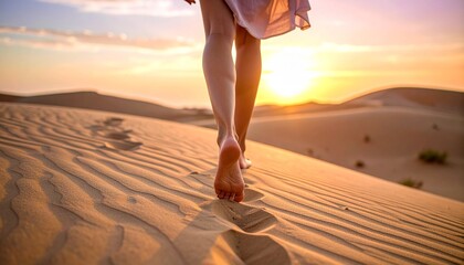 A barefoot woman walks across rippled sand dunes towards the warm, golden sunset, leaving footprints behind.