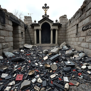 A desecrated shrine where charred remains of relics are scattered amidst the wreckage of stone walls.
